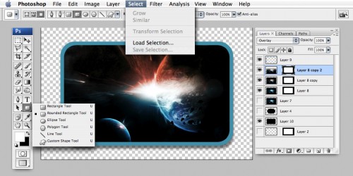 Here is the canvas with tools like layers, Selections , and Rounded Rectangle Shown.