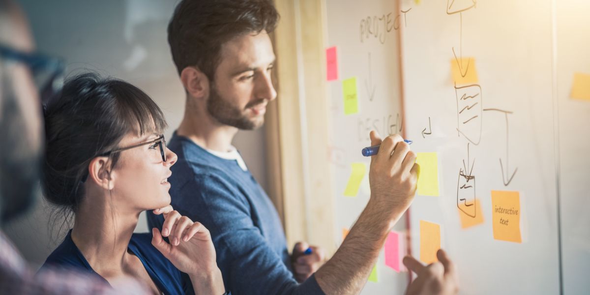 employees working on marketing strategy on white board