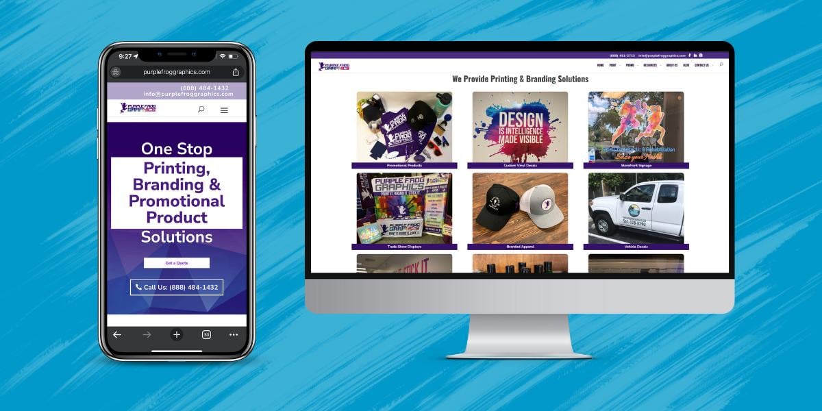 A mobile phone and computer screen with a website design announcing the partnership between THAT Agency and Purple Frog Graphics.