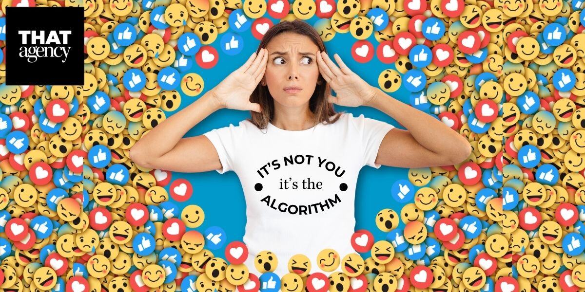 Overwhelmed girl surround by emojis with an algorithm t-shirt.