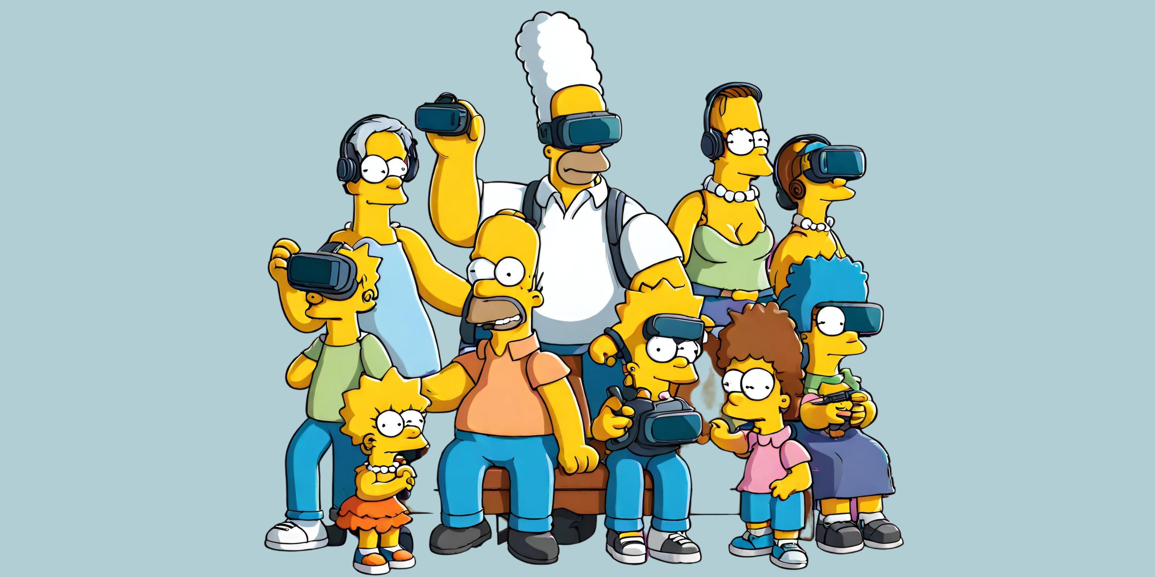 An AI generated picture of the Simpsons cast sitting on a couch wearing virtual reality headsets.