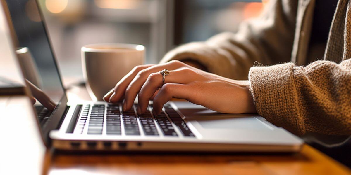 A woman typing blog examples for beginners on a laptop in a coffee shop.