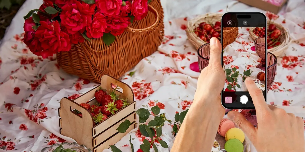 Person taking a photo of a styled picnic scene with flowers, fruit, and desserts for social media content