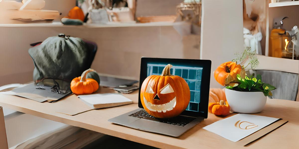 An AI generated photo of a spooky pumpkin carving working on a computer for a digital marketing strategy.