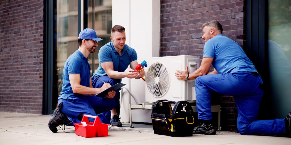Three HVAC technicians working on an outdoor unit, representing hvac social media marketing in action